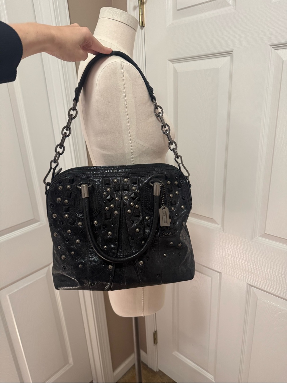 Coach Black Studded Leather Satchel with Chain Strap - Picture 9 of 9